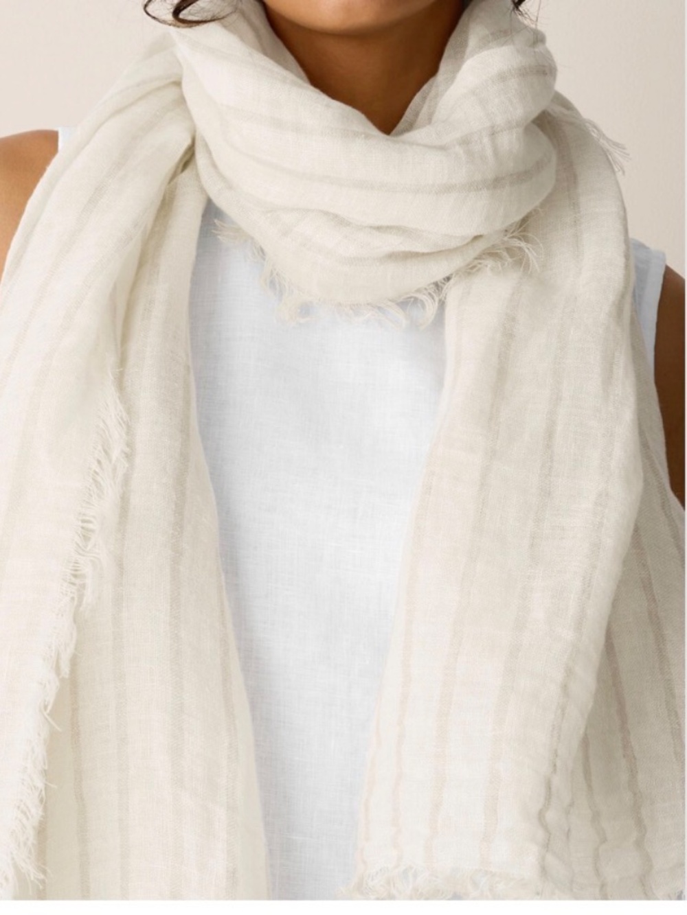 NWOT $148 Eileen Fisher striped organic linen scarf wheat & white fringed - Picture 2 of 7